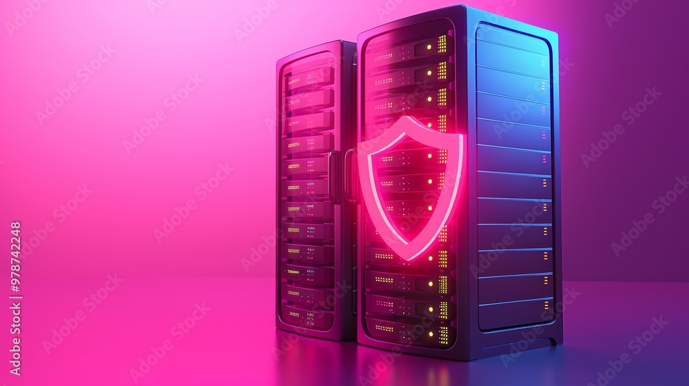Poster high-tech server with neon shield symbolizing data security and protection in a futuristic digital e