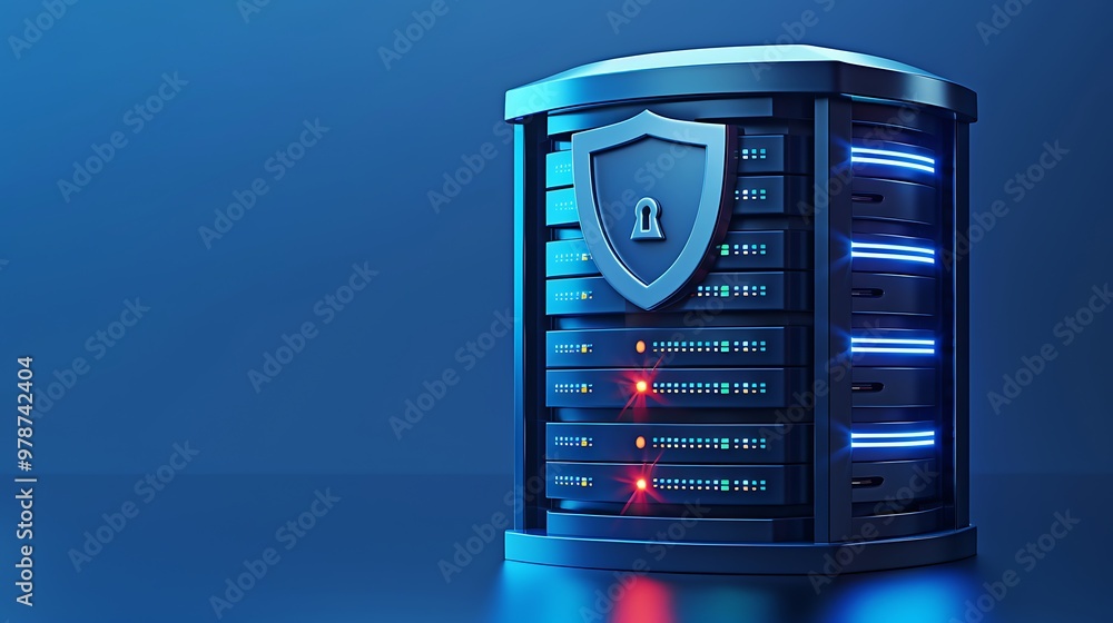 Poster high-tech server with security shield, glowing lights, and a sleek design, representing data protect
