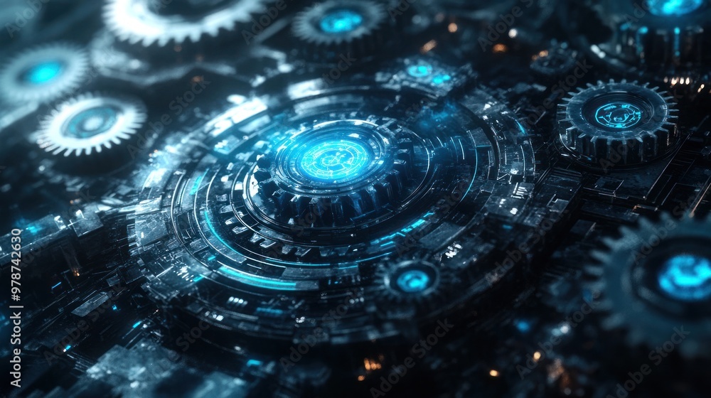 Poster a futuristic high-tech background showcasing rotating gears and digital components in a holographic 