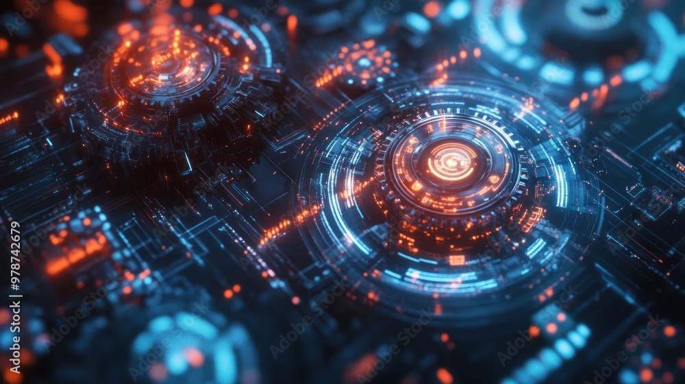 Aufkleber a futuristic high-tech background showcasing rotating gears and digital components in a holographic 