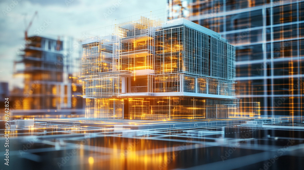 Poster modern architectural design featuring a futuristic building under construction in an urban setting