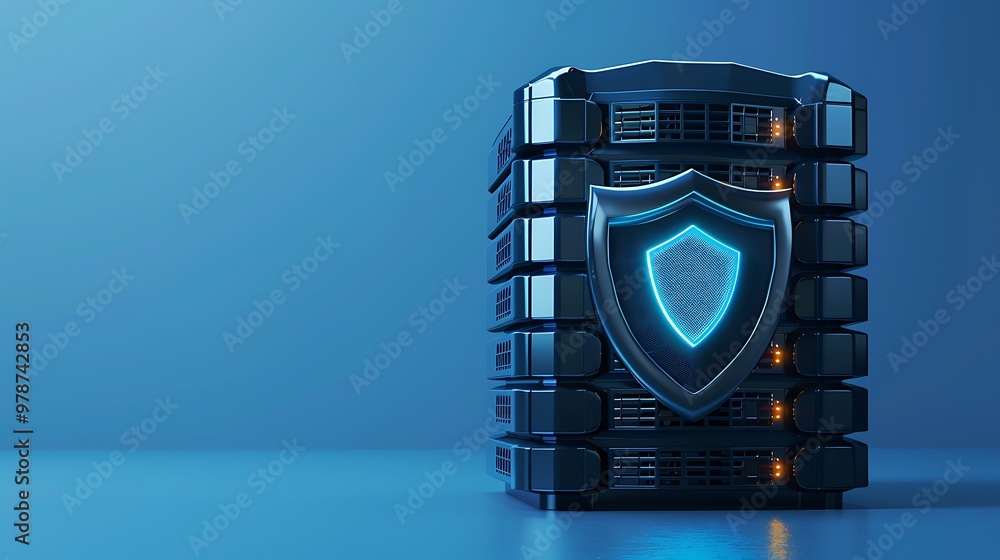 Poster illustration of a secure data server with shield symbol, representing cybersecurity and protection i