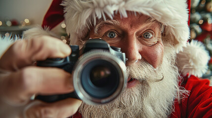 Portrait of cheerful Santa Claus as photographer taking a photo with a camera. Christmas and New Year celebration and technique or photography concept