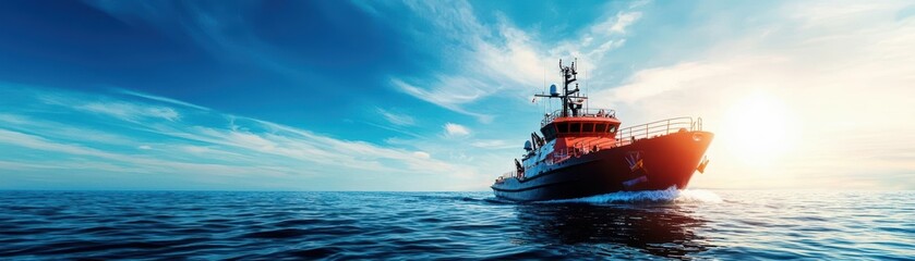 Naklejka premium A vibrant tugboat navigates the serene ocean waters under a colorful sunset, showcasing maritime strength and tranquility.