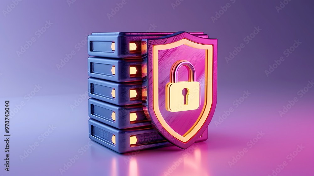 Poster illustration of a secure server with a lock shield, symbolizing data protection and cybersecurity in