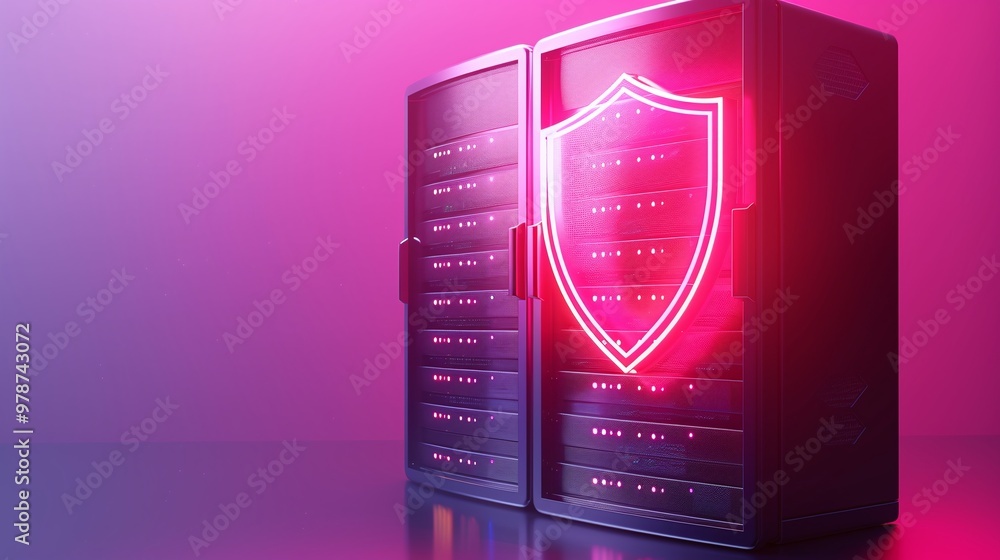 Poster illustration of a server with a glowing shield symbol, representing data security and protection in 