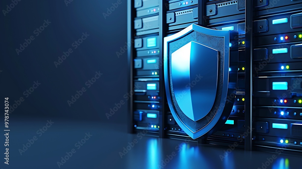 Poster innovative data center with server racks and a security shield symbolizing protection and reliabilit