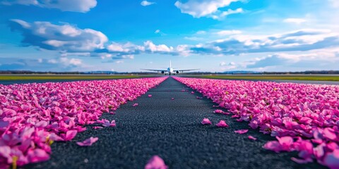 Fototapeta premium A vibrant view of a runway adorned with pink flower petals under a bright blue sky, creating a picturesque travel scene.