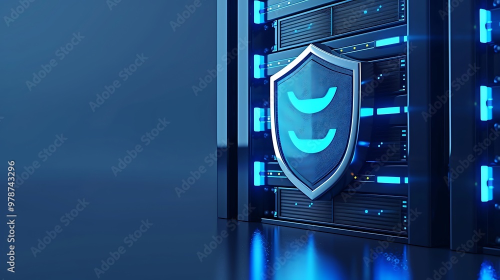 Aufkleber modern data center with a blue shield icon representing cybersecurity and data protection against di