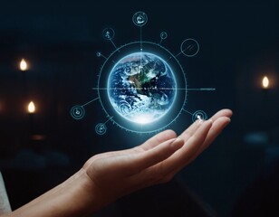 Fototapeta premium Hand holding globe with network connecting data. Implement of digital technology, cloud computing and AI artificial intelligence develop smart information. Ai generated image.