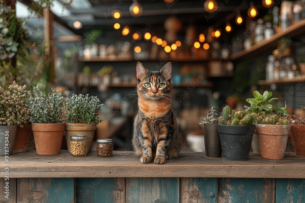 Wall mural a tabby cat perched on a rustic wooden table among potted plants in a cozy cafe during evening hours