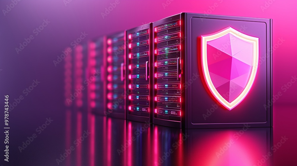 Poster modern data center with glowing servers and security shield, representing digital protection and adv