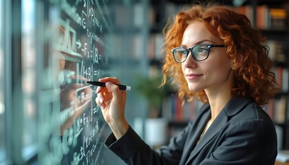 Mathematician solving equations on glass board in office