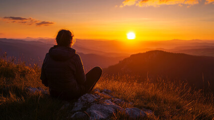 Obraz premium A peaceful evening spent watching a stunning sunset over a tranquil landscape in the mountains