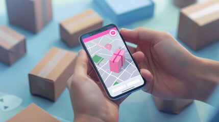 Tracking a package on a smartphone while surrounded by various delivery boxes in a well-lit room during the day