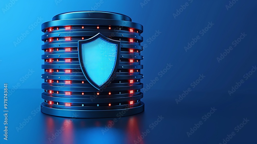 Aufkleber modern data security concept featuring a shield on a digital server with blue and red lighting, symb