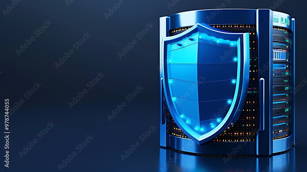Poster modern data server with a blue shield symbolizing enhanced cybersecurity and data protection in a di