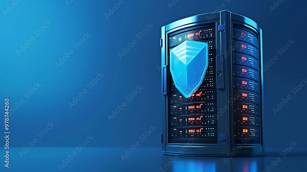 Poster modern data server with a protective shield symbol representing cybersecurity and data protection ag