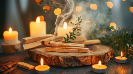 Sticks smoldering on rustic wooden slice aromatic palo santo wood, surrounded by glowing candles and green plant, creating a serene, mystical ambiance