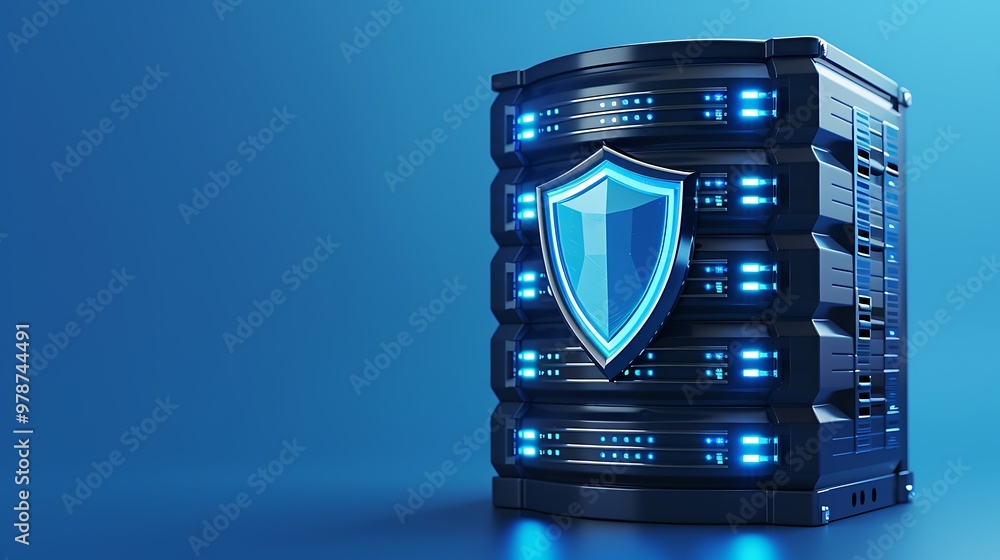 Poster modern data server with a security shield design, showcasing advanced technology and data protection