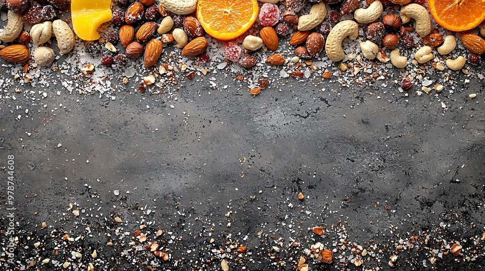 Aufkleber assortment of nuts and candied fruits top view background : generative ai