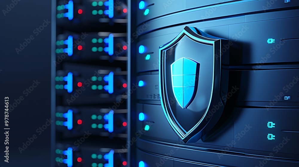 Poster modern data server with a security shield symbolizing cybersecurity and data protection in a digital