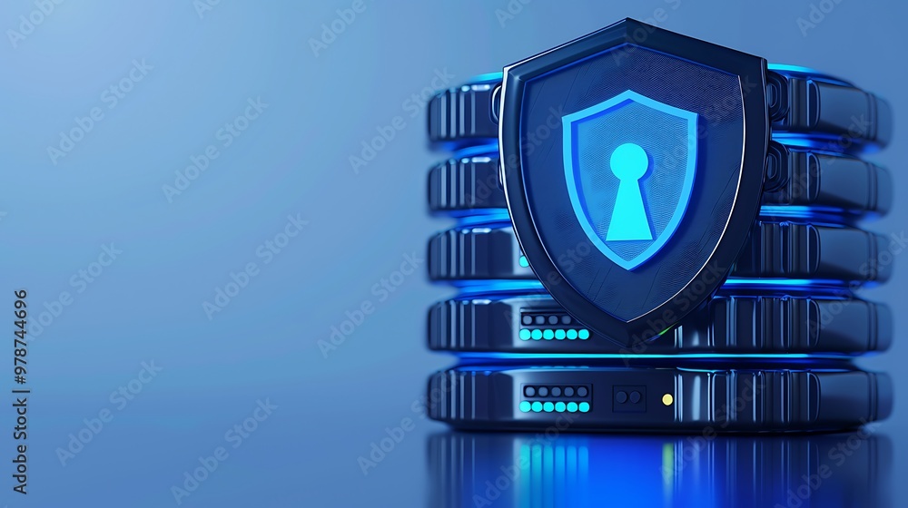 Poster modern data server with a security shield symbolizing cybersecurity and data protection in a digital