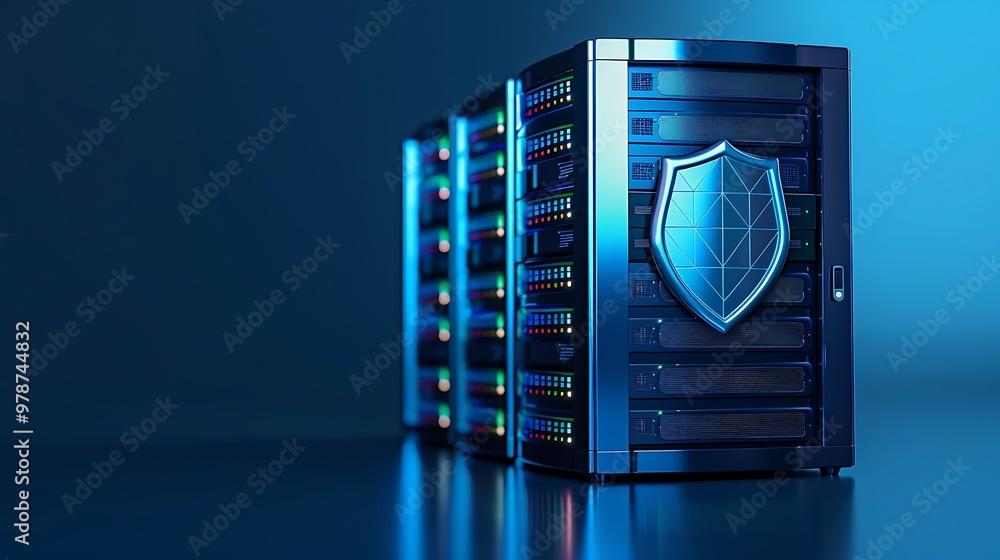 Poster modern data server with a shield symbol, representing advanced cybersecurity and data protection tec