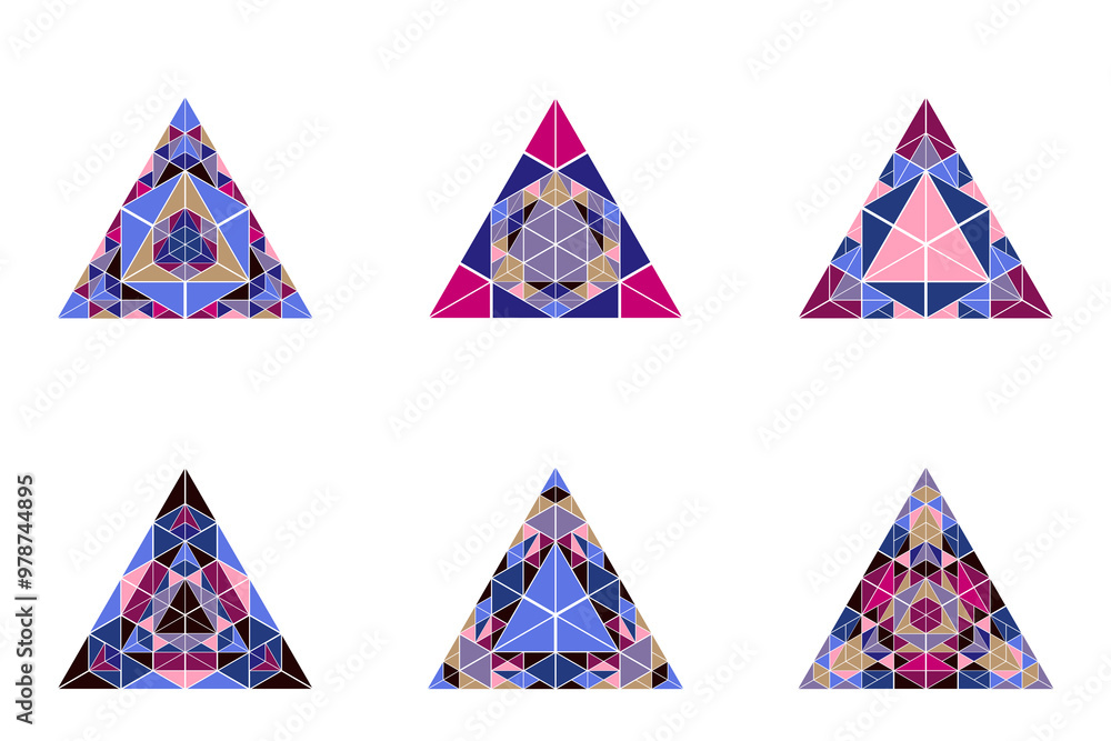 Poster polygonal isolated triangle pyramid symbol template set - abstract colorful geometric vector designs