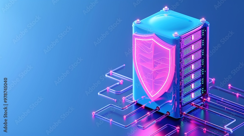 Poster modern data server with digital shield, representing cybersecurity and protection in a technological