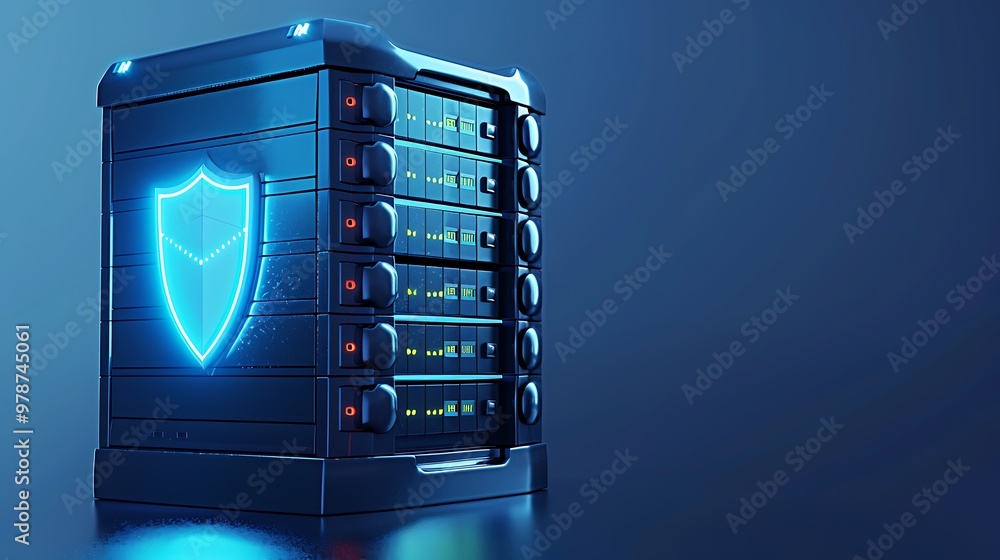 Poster modern data server with glowing shield icon, symbolizing cybersecurity and data protection in a high