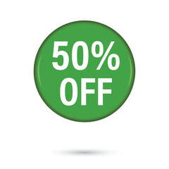 50% Off Discount Offer circle round green glossy shining tag 3D label or sticker template online sale tag advertisement marketing promotion coupon Sign vector illustration isolated on white background