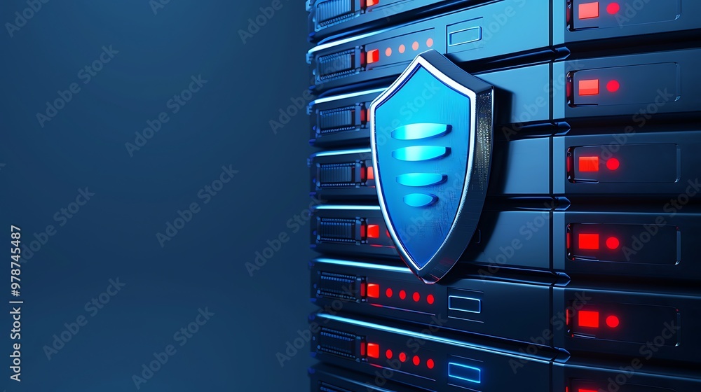 Poster modern data server with security shield icon, representing network protection and cybersecurity tech