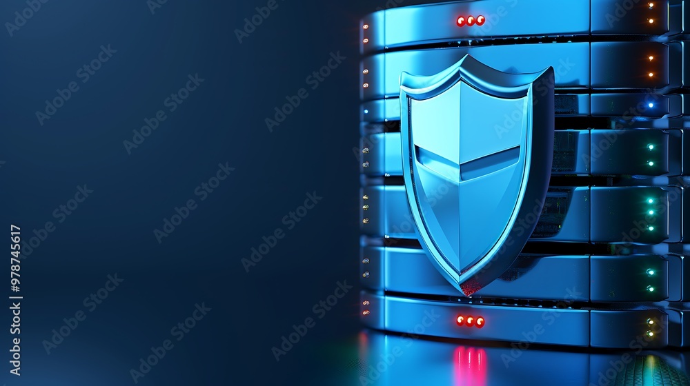 Poster modern data server with security shield, symbolizing technology protection and data safety in digita