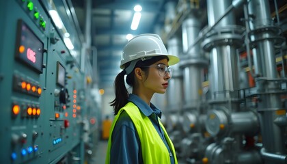 Chemical engineer monitoring control panel in industrial plant