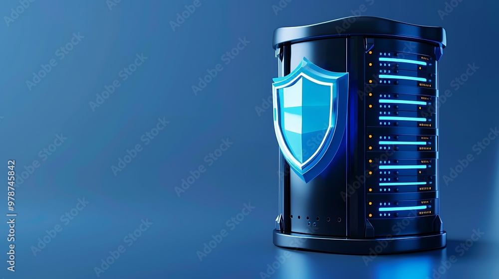 Poster modern data storage device with a shield icon representing security and protection in a digital envi