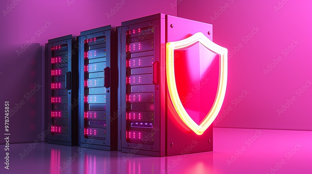 Poster modern data servers with neon shield symbol, representing cybersecurity and digital protection in a 