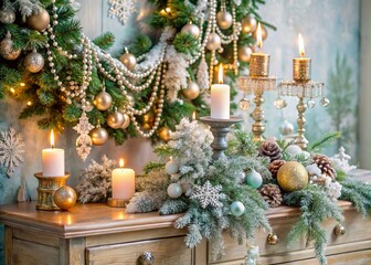 A Christmas tree, a golden deer and candles in candlesticks on a vintage chest of drawers. Christmas gold and crystal decorations in the interior. Preparation for the New Year holidays 2025.