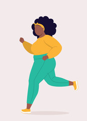 Fototapeta premium Side View Of One Overweight Black Woman In Sports Clothing Running.