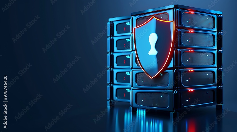 Poster modern data storage with a shield symbolizing data security and protection against cyber threats in 