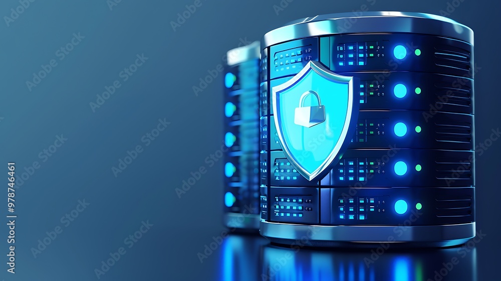Poster modern data storage with security shield symbolizing data protection and cybersecurity in a digital 