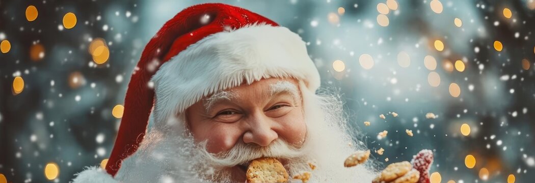 Cheerful Santa Claus enjoys cookies amidst falling snow and festive lights, capturing the joy of the holiday season.