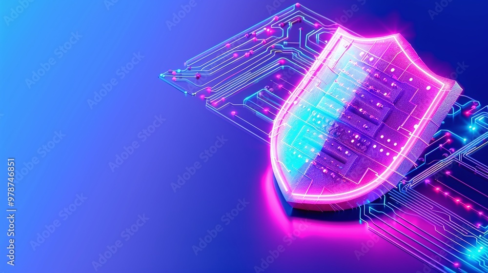Poster modern digital shield design symbolizing cybersecurity and protection in a vibrant neon style.