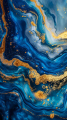 Fototapeta premium Abstract Blue and Gold Swirls Painting. Generative AI