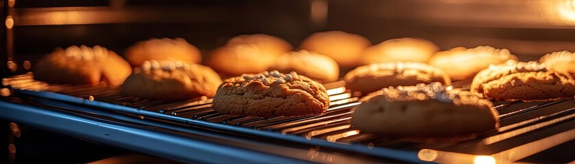 Fototapeta premium Freshly baked cookies golden brown, placed closely together in an oven, emitting a warm and inviting aroma.