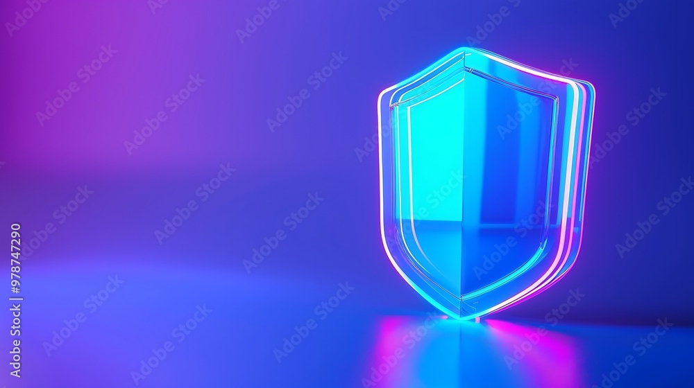 Poster modern neon shield design symbolizing security and protection in a dynamic digital environment.