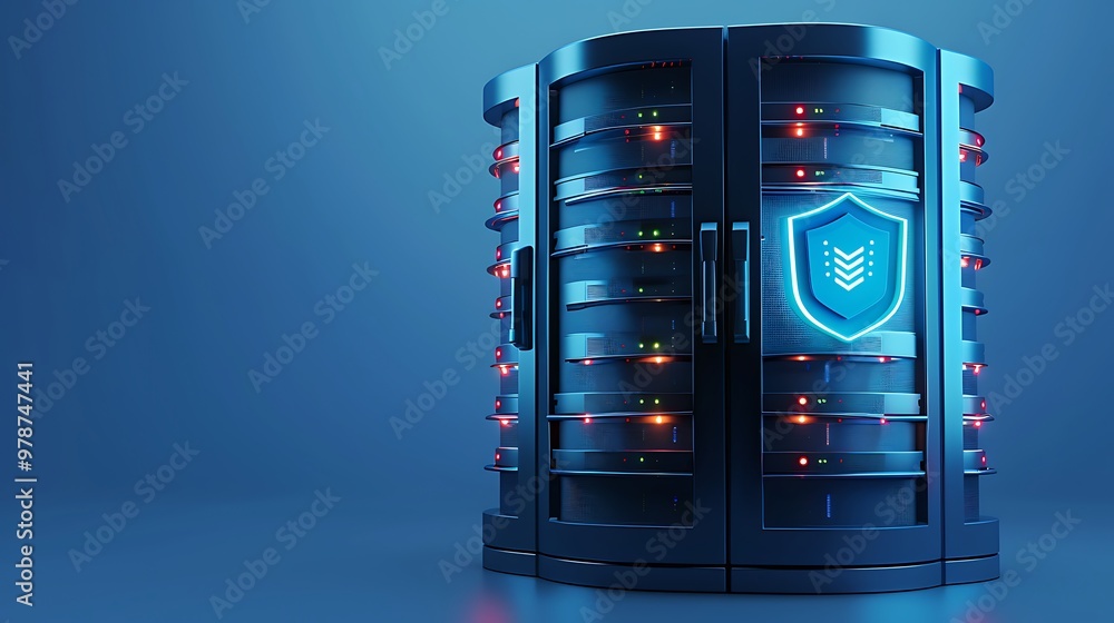 Poster modern server cabinet with a digital security shield glowing, showcasing data protection in a high-t