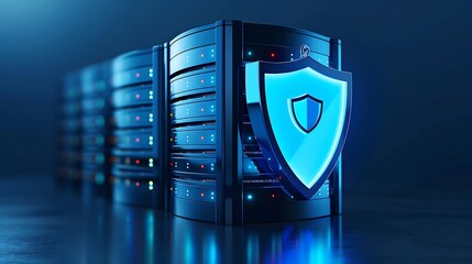 Modern server configuration with a digital shield symbolizing data security and protection. Ideal for tech and cybersecurity themes.