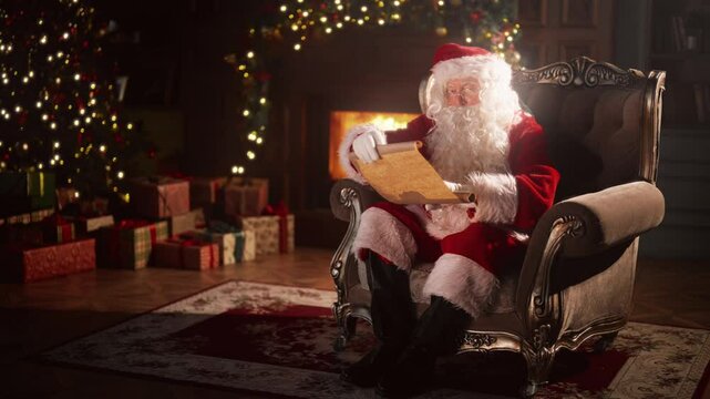 Christmas night, Santa Claus reading old scroll at home, sitting alone in chair. Merry Xmas and happy New Year, old magician preparing to Christmas festivities, decorated room with fireplace and tree