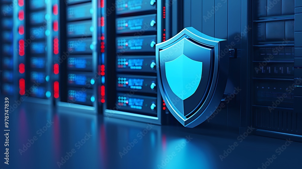Poster modern server room with data storage units and a blue shield symbolizing cybersecurity and data prot